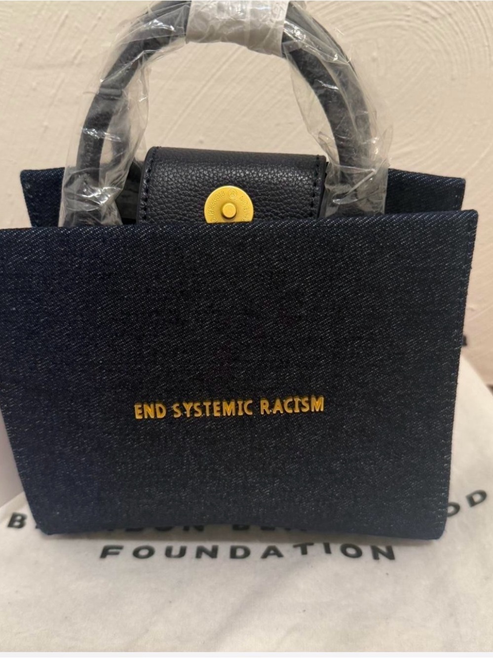 Brandon Blackwood Navy Denim Tote with Yellow Accents